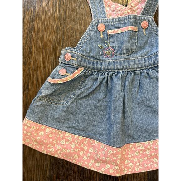 Vintage Oshkosh Denim overall Dress with Ditsy Pink Floral Genuine Baby 90s - Picture 7 of 8